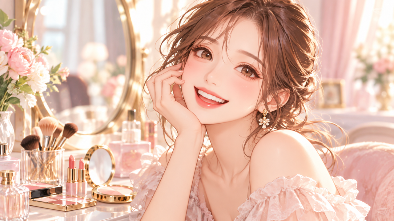 メイクをきれいに仕上げて満面の笑顔を見せる幸せそうな女性のイラスト