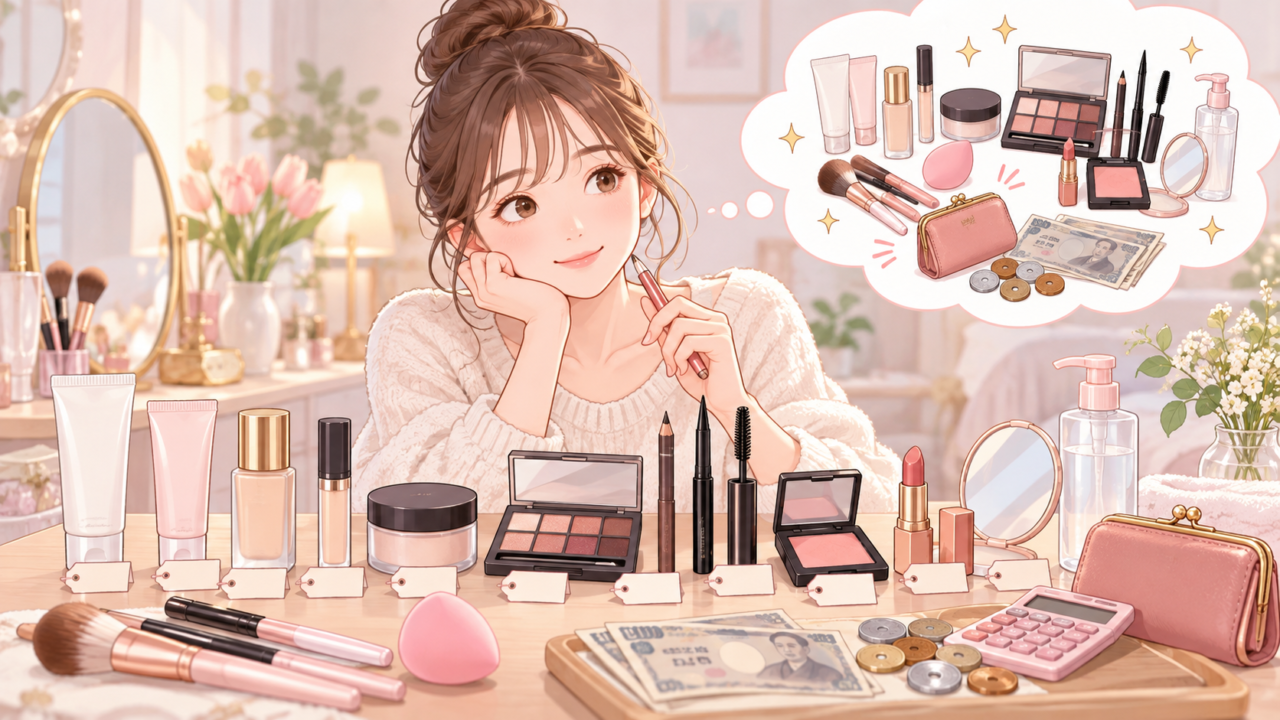 化粧品の購入予算を考えながらメイク用品一式の値段を比較する女性のイラスト