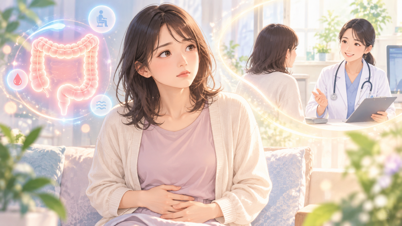 大腸の不調を心配する女性が医師への相談を考える幻想的なイラスト