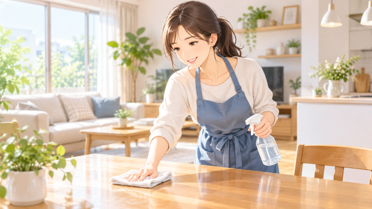 時短家事としてスプレーボトルと布巾を使い、テーブルを拭き掃除する女性のイラスト