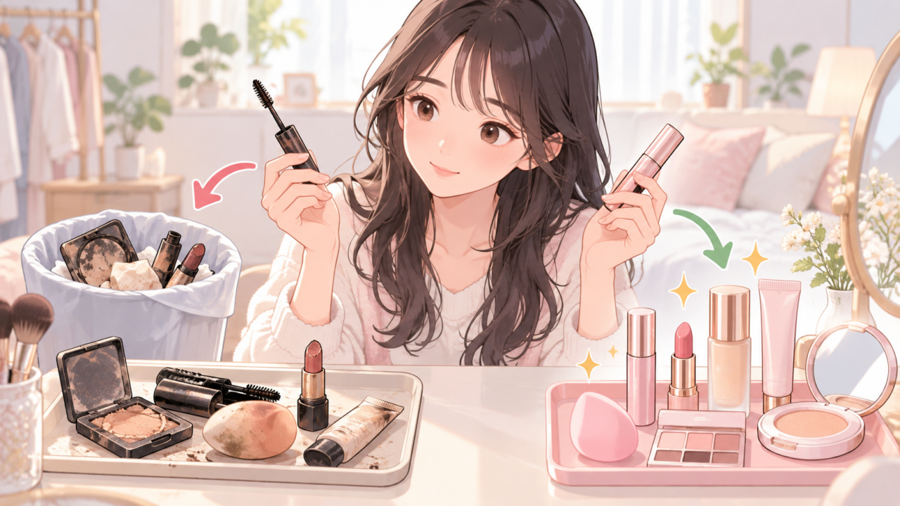 古くなった化粧品を処分して新しいメイク用品に買い替える女性のイラスト