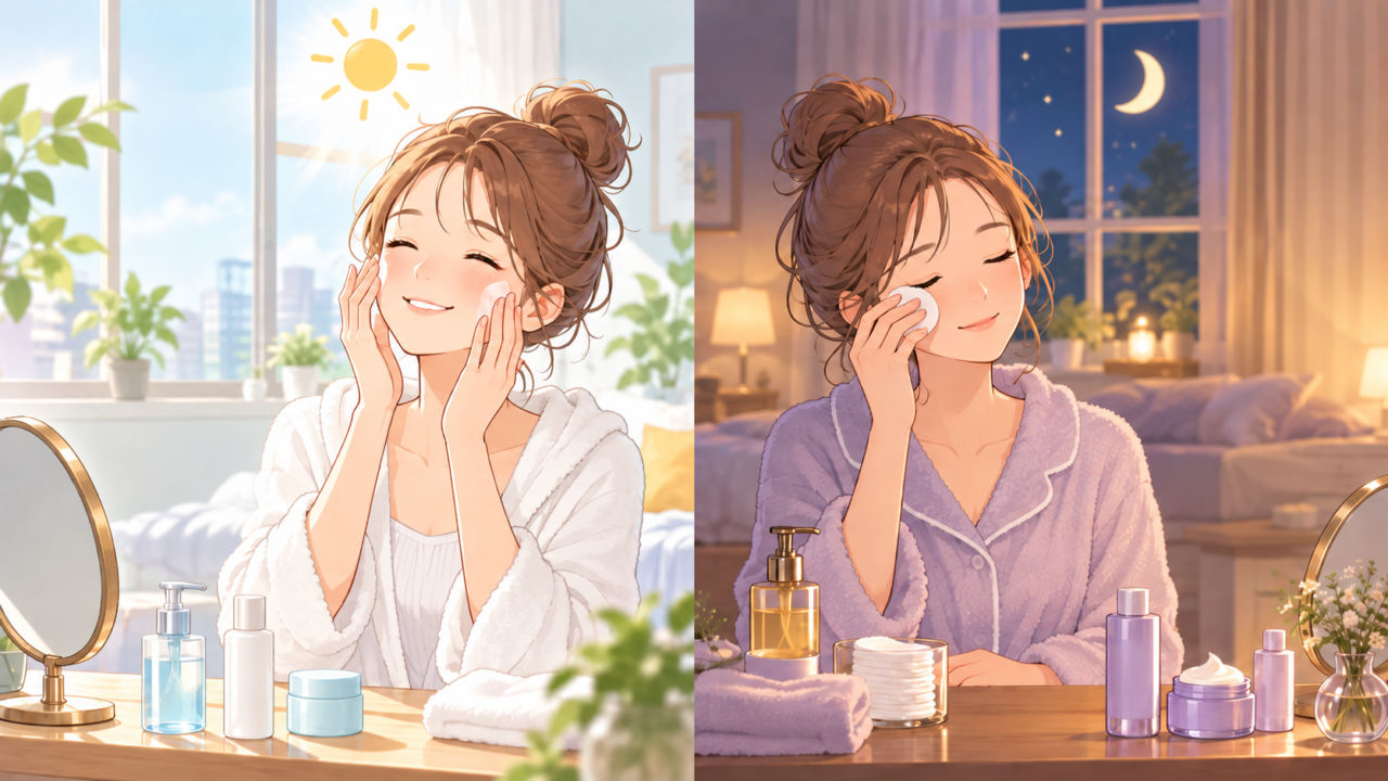 朝の保湿と夜のお手入れを比較したスキンケアのイラスト