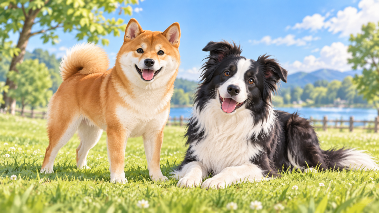 柴犬とボーダーコリーが芝生の上で並んでいるイラスト