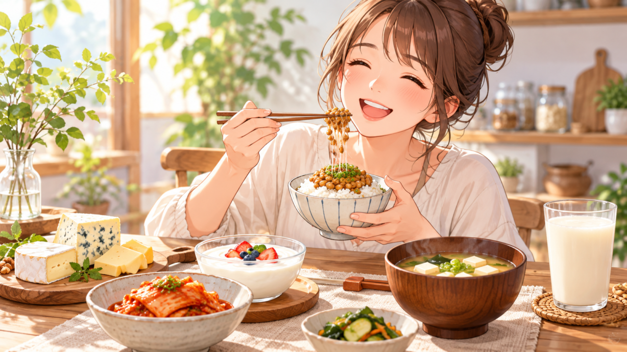 納豆ご飯を笑顔で食べる女性と、味噌汁・ヨーグルト・チーズ・キムチなどの発酵食品