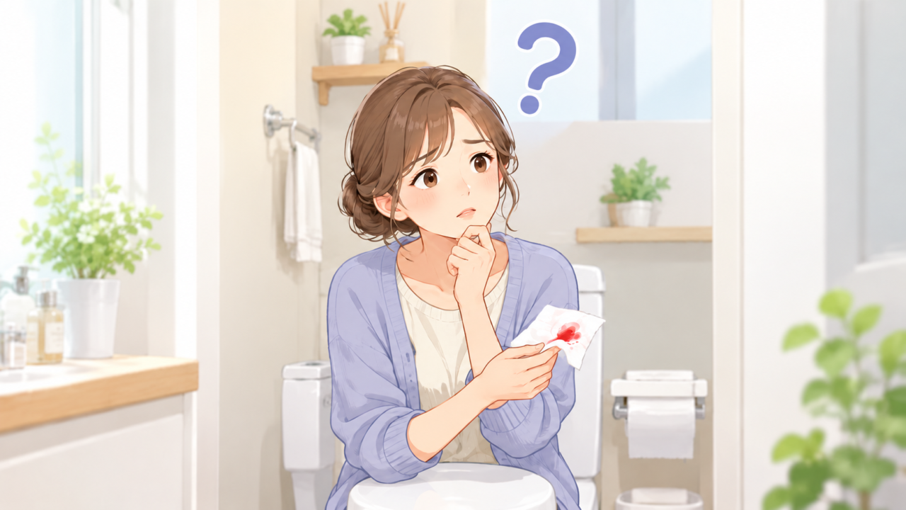 血便を見て、痔や大腸がんなどの出血原因を心配する女性のイラスト