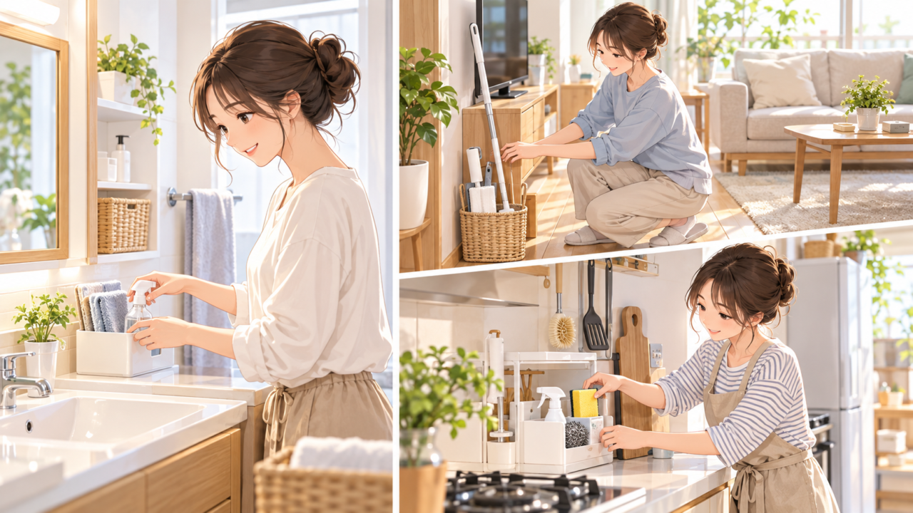 洗面所・リビング・キッチンに掃除道具を配置する女性のイラスト