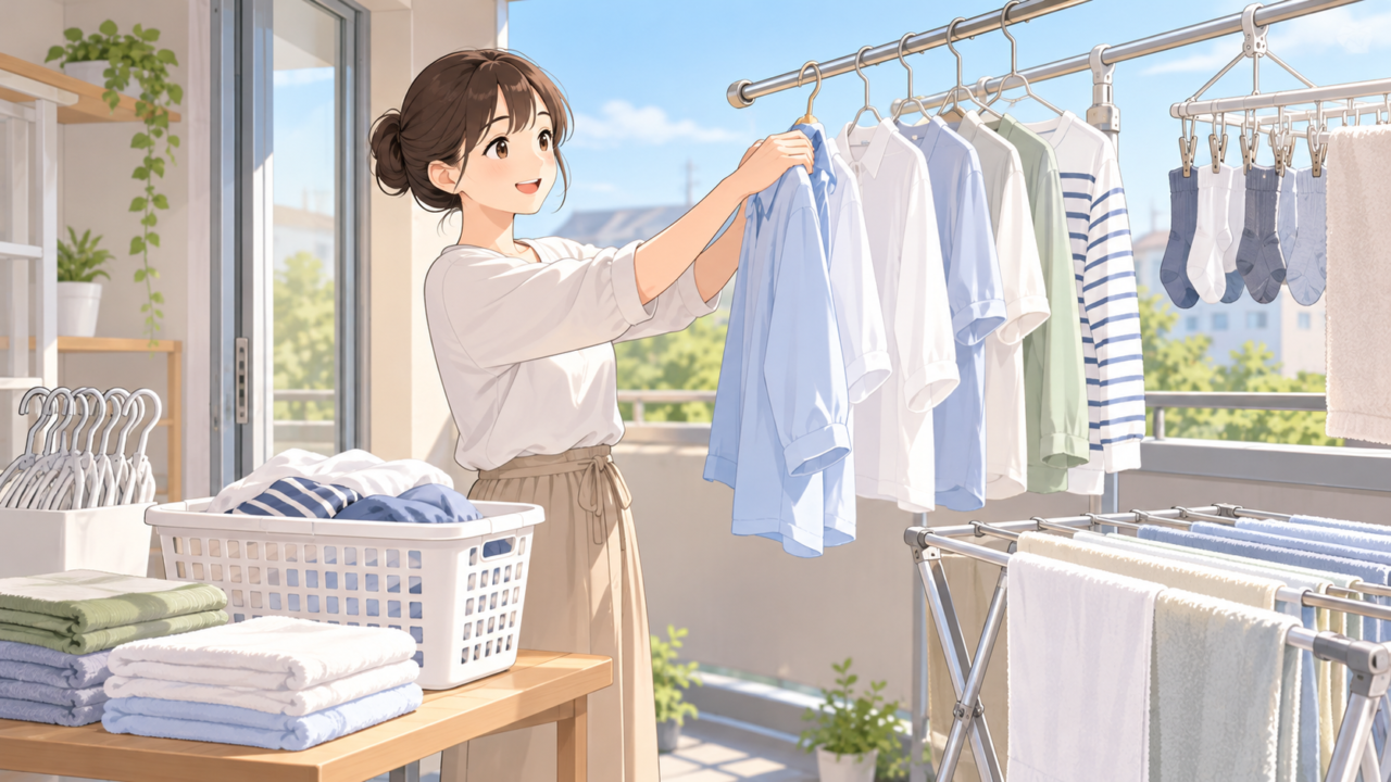 ハンガーや物干しスタンドを使って効率よく洗濯物を干す女性のイラスト
