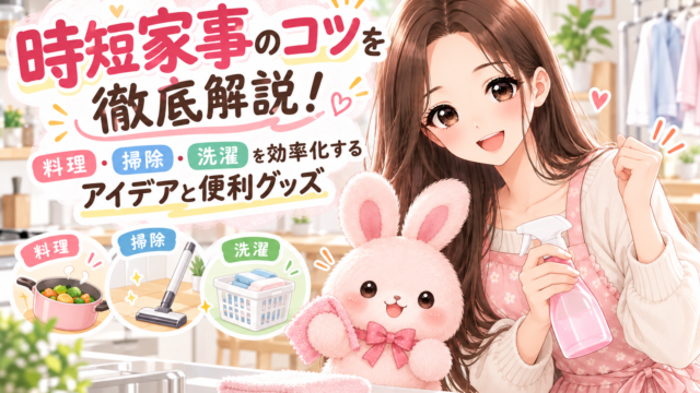 時短家事のコツを紹介する、スプレーボトルと布巾で拭き掃除をする櫻根あゆとうさぎのイラスト
