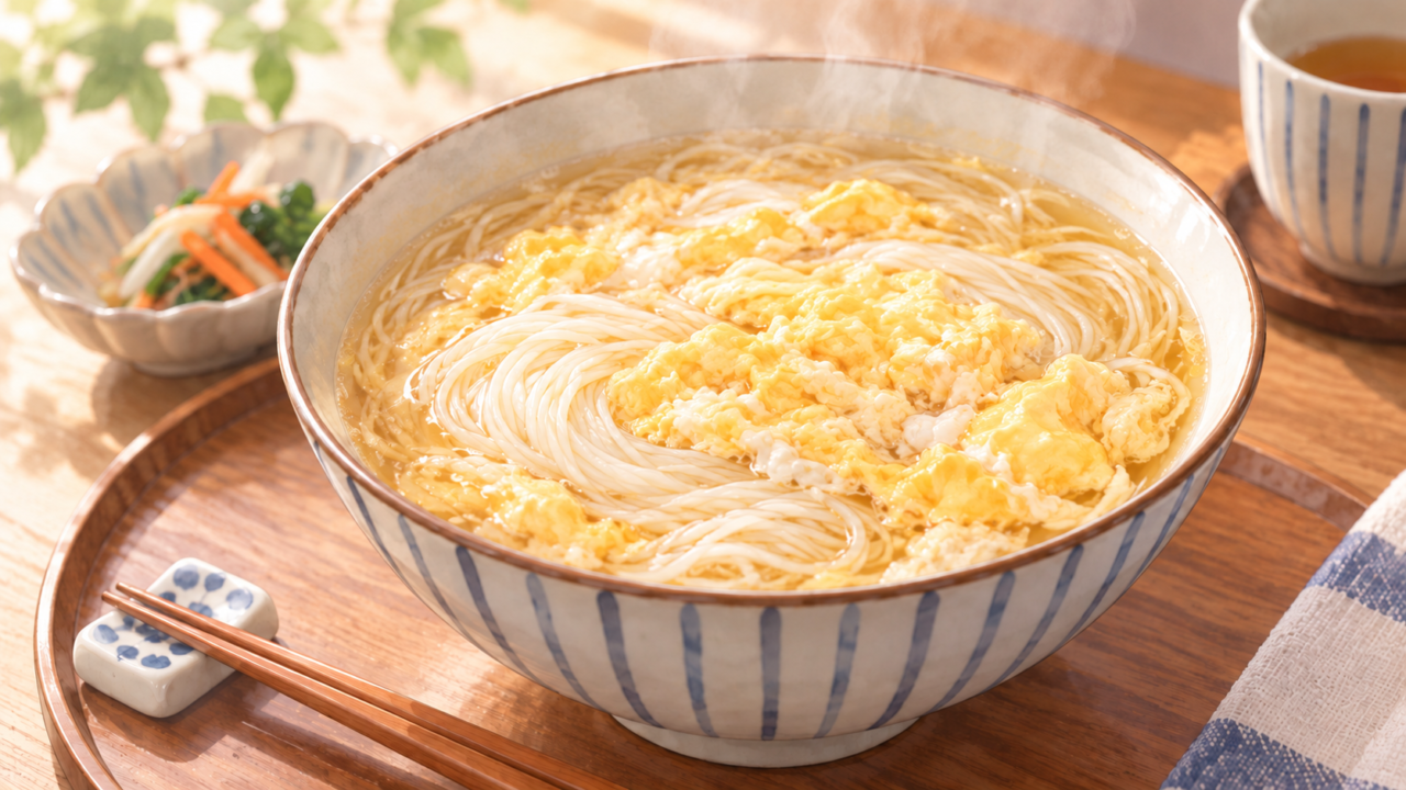 ふんわり卵を添えた温かいにゅうめん