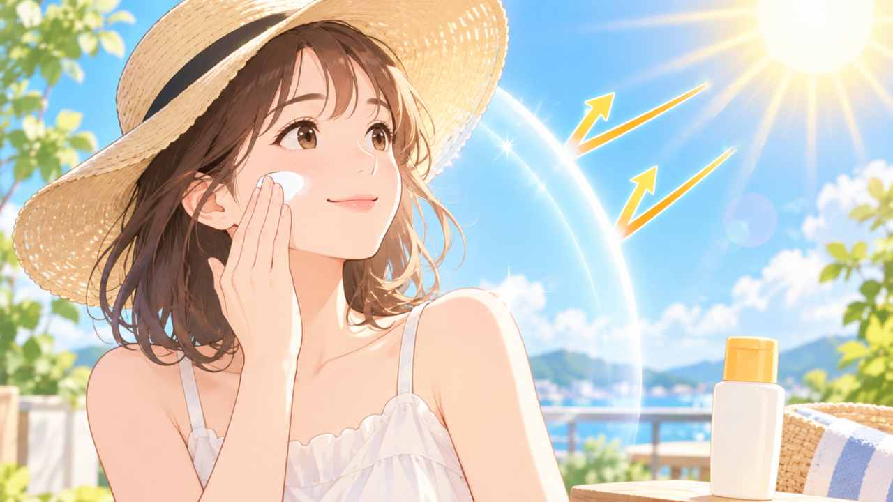 帽子をかぶり顔に日焼け止めを塗る女性のイラスト