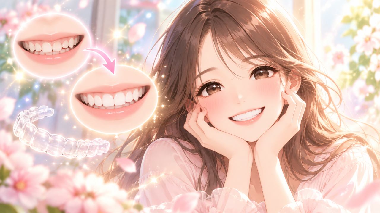 マウスピース矯正で歯並びがきれいになり満面の笑顔を見せる女性のイラスト