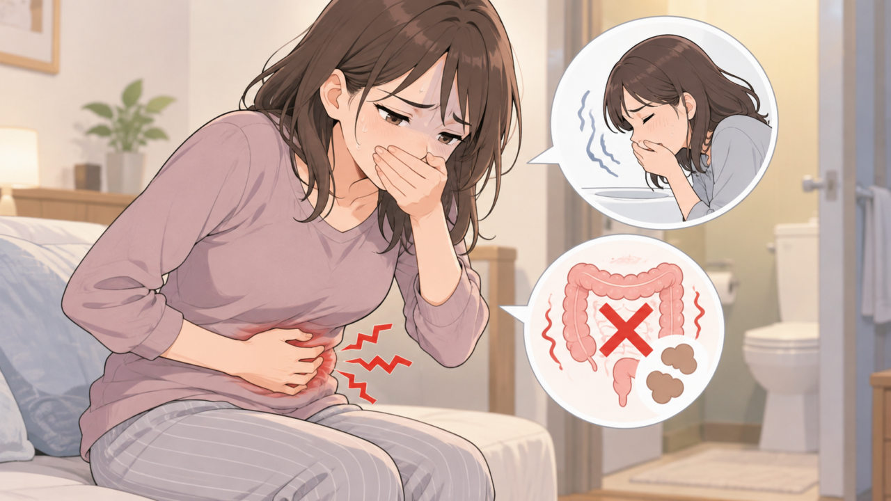 腸閉塞が疑われる腹痛や吐き気で苦しむ女性と大腸のイラスト