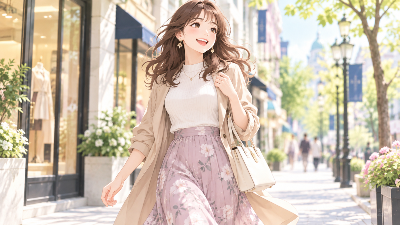 おしゃれなレディースコーデで街を歩く幸せそうな笑顔の女性