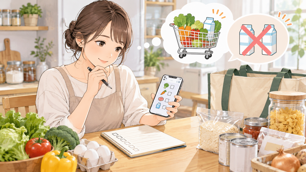 スマートフォンとメモ帳を使って食材の買い物リストを作る女性のイラスト