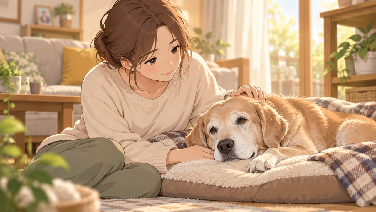 高齢のゴールデンレトリバーを優しくなでる飼い主の女性