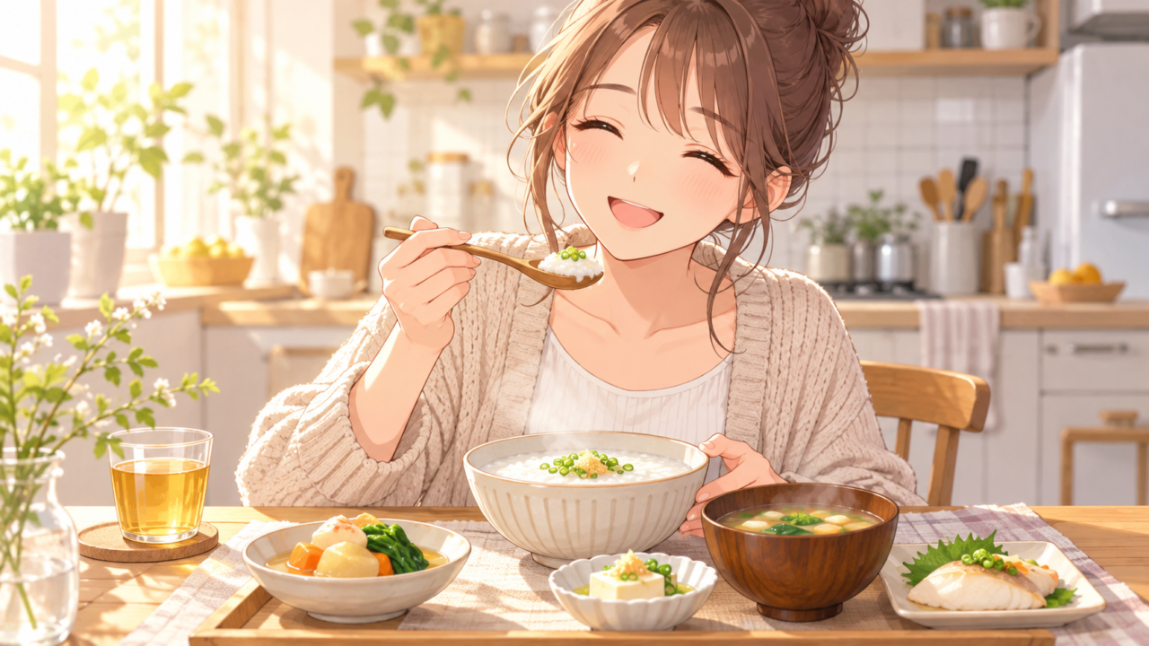 胃に優しいおかゆ・白身魚・豆腐などの料理を食べて幸せそうに笑う女性のイラスト