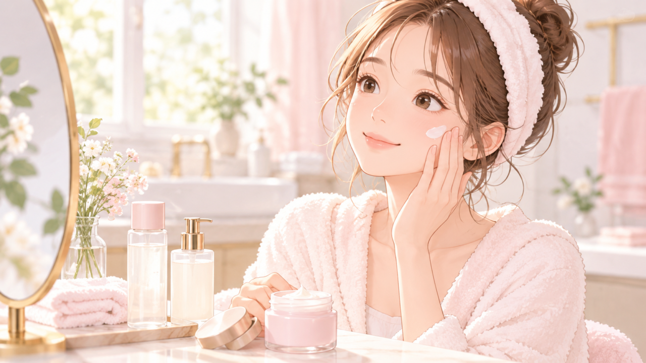 乾燥肌の保湿ケアとして頬にクリームを塗る女性のイラスト