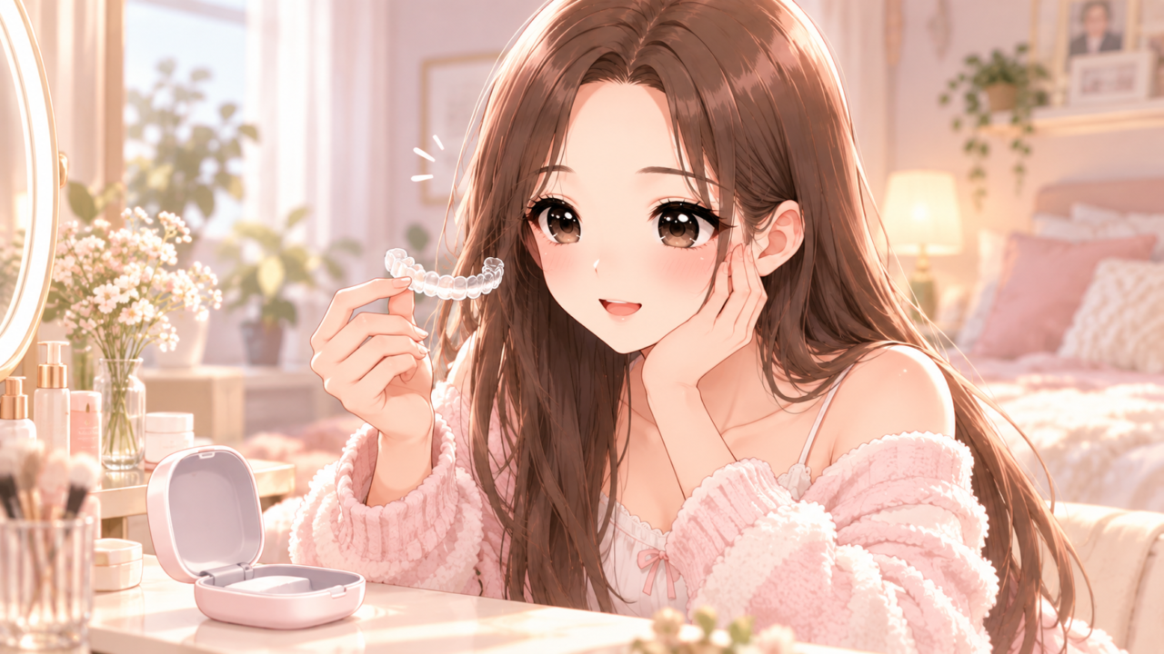 透明なマウスピースを手に持って笑顔を見せる女性