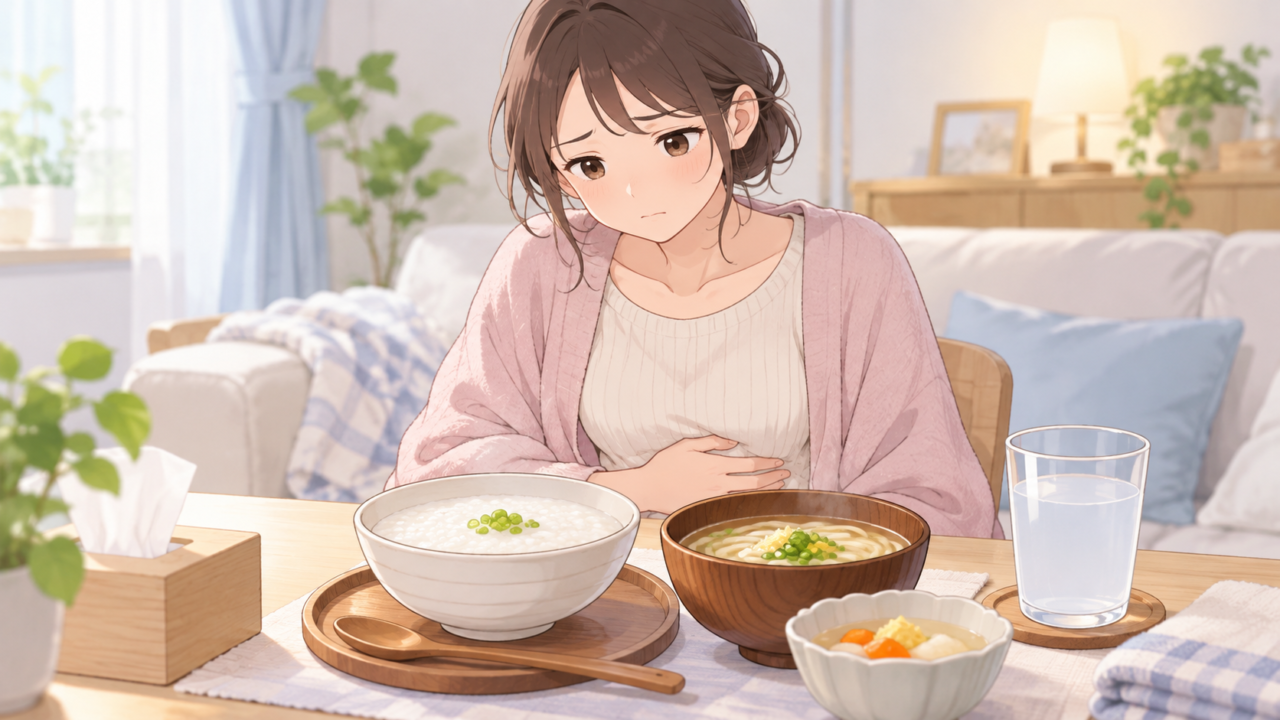 胃腸の不調を感じながらおかゆとうどんを前に悩む女性