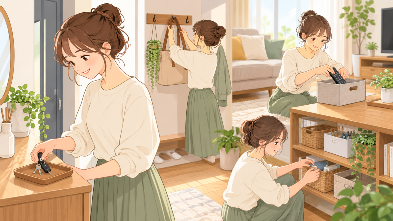 鍵・バッグ・リモコンなどの定位置を決めて片付ける女性のイラスト