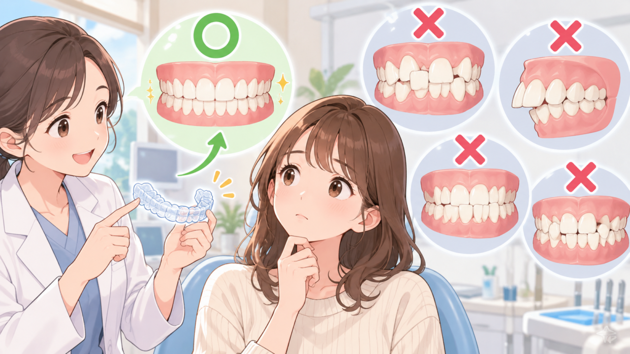 マウスピース矯正に適した歯並びと治療が難しい歯並びを比較したイラスト