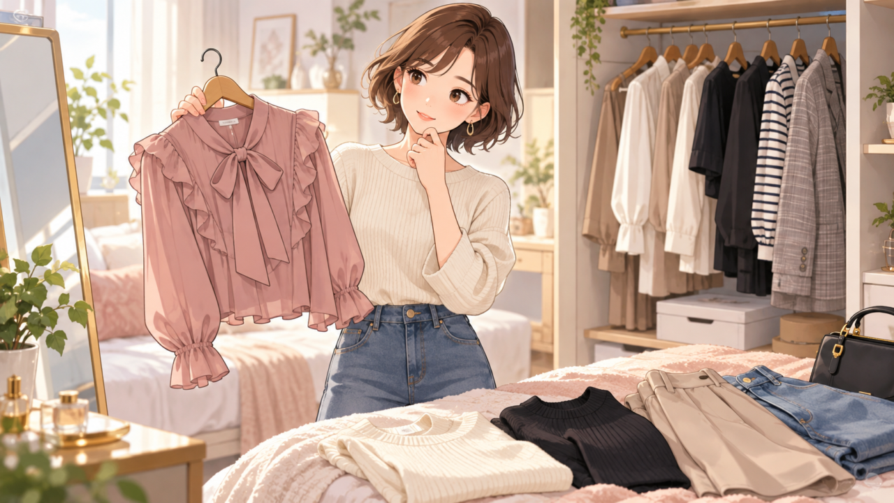 ピンクのブラウスを手に持ち、手持ちの服との組み合わせを考える女性