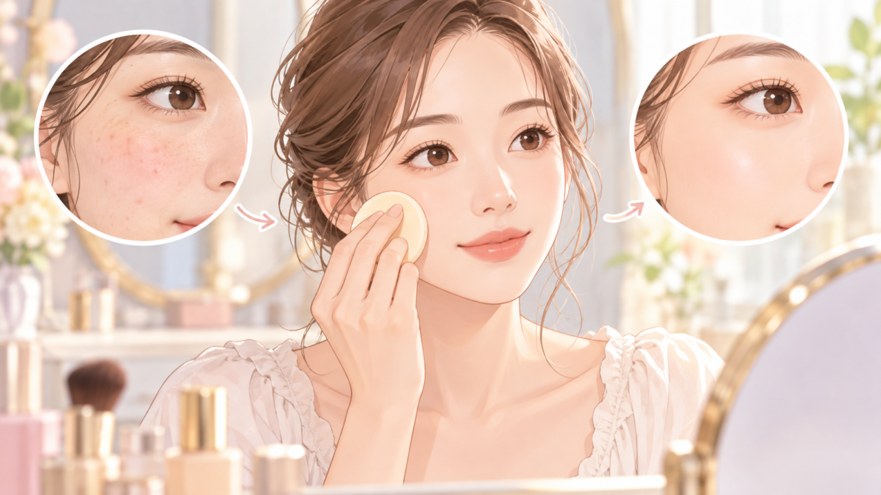 ファンデーションで肌の色ムラをカバーする女性と仕上がりの比較イラスト