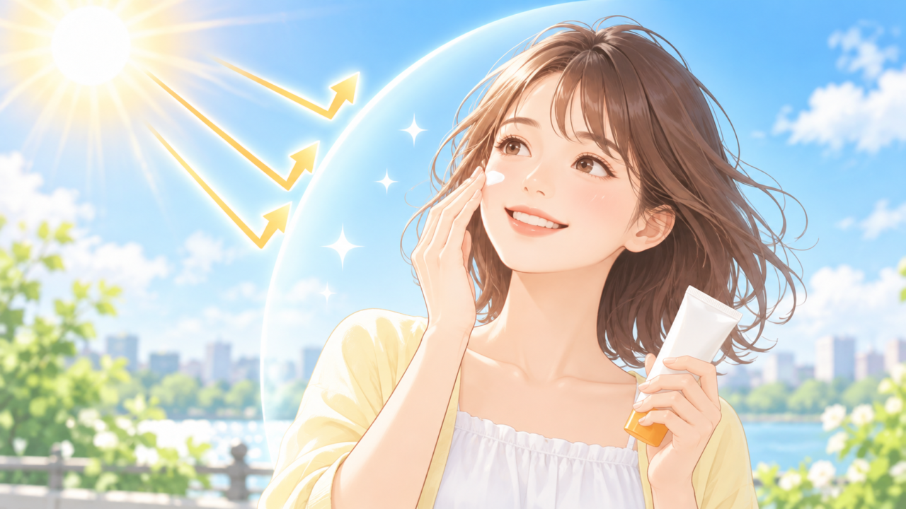 屋外で日焼け止めを頬に塗り紫外線対策をする女性のイラスト
