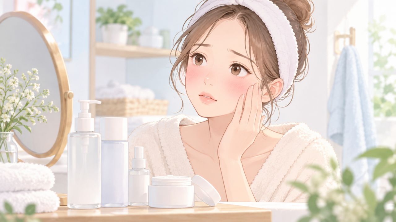 赤くなった頬に手を当てて肌の状態を気にする女性のイラスト