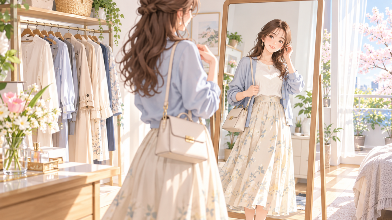 春らしいカーディガンと花柄スカートを組み合わせた女性のコーディネート