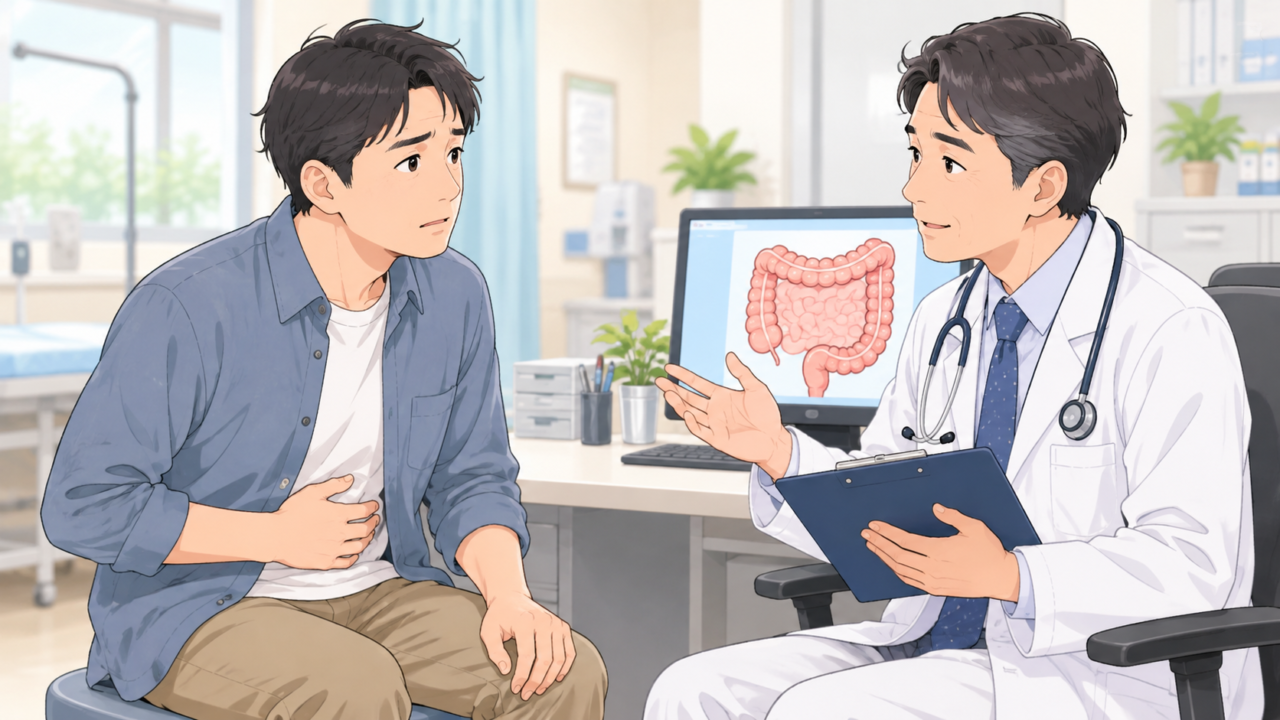 大腸の不調について消化器内科の医師から説明を受ける男性のイラスト