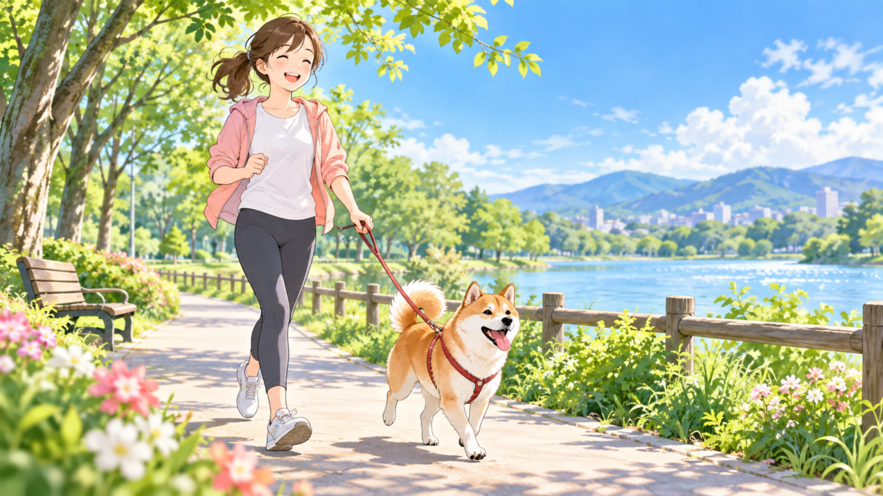 柴犬と一緒に公園を散歩して適度な運動を楽しむ女性