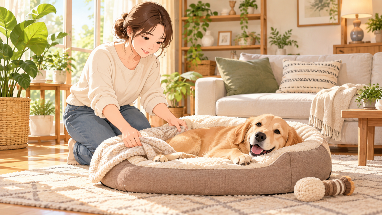 室内の快適な犬用ベッドでくつろぐ愛犬に毛布をかける女性