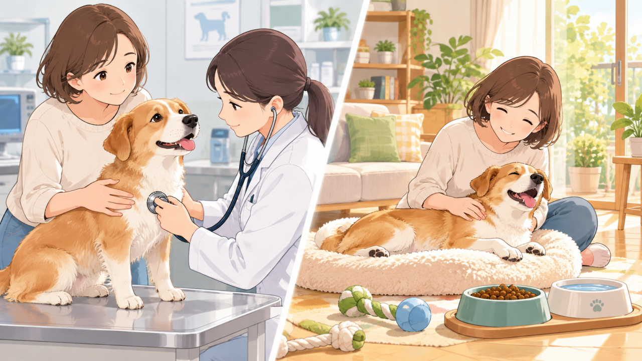 動物病院での健康診断と自宅での犬の健康管理を比較したイラスト