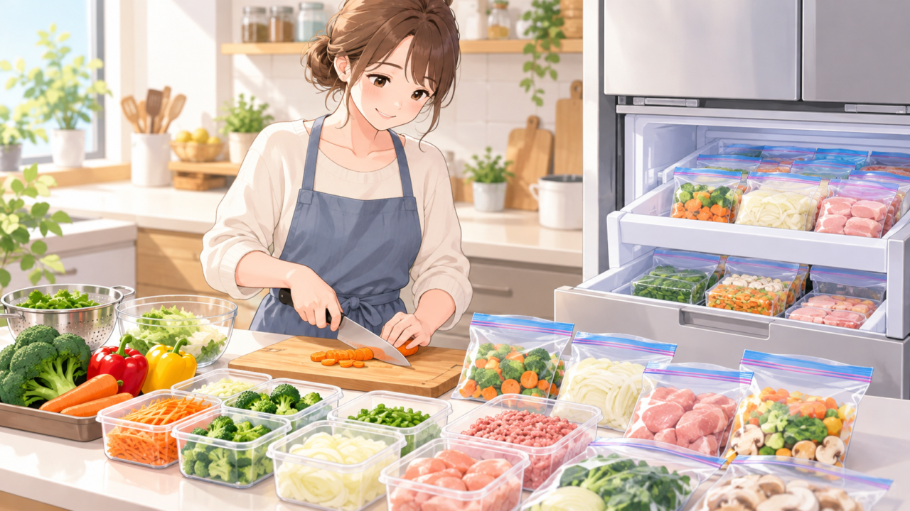 野菜や肉を切り分けて冷凍保存の準備をする女性のイラスト
