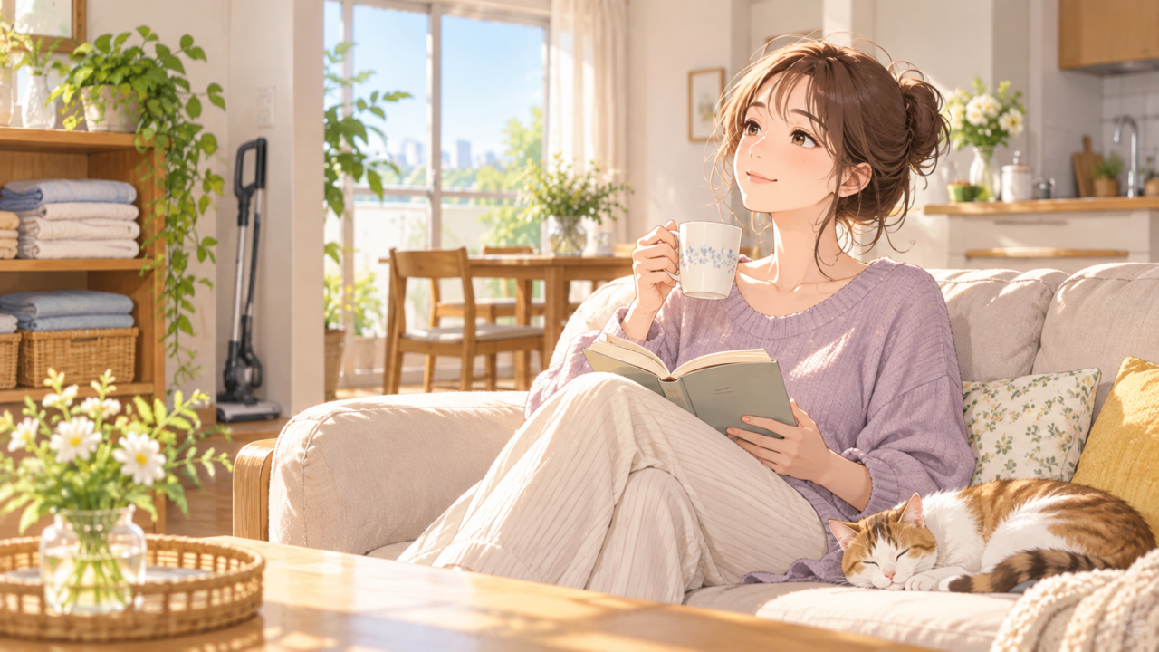 家事を終えて猫と一緒に読書やお茶を楽しむ女性のイラスト