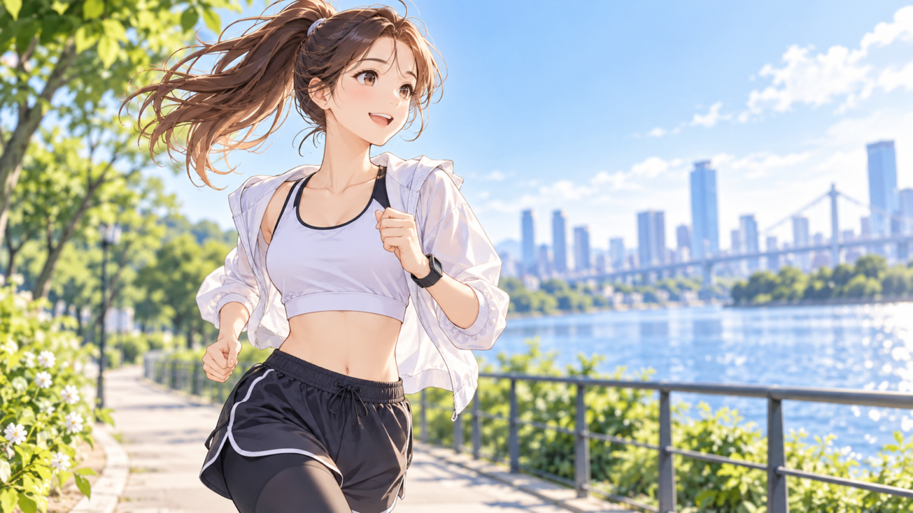 ダイエットのために川沿いをジョギングする女性