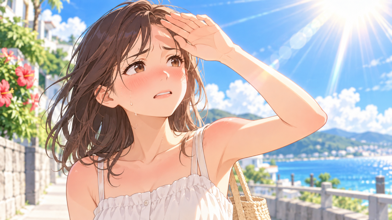 強い日差しを手で遮り紫外線を気にする女性のイラスト