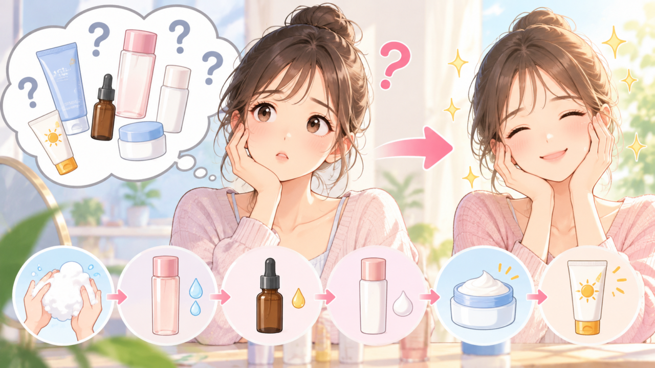 初心者がスキンケア用品とお手入れの順番を学ぶイラスト
