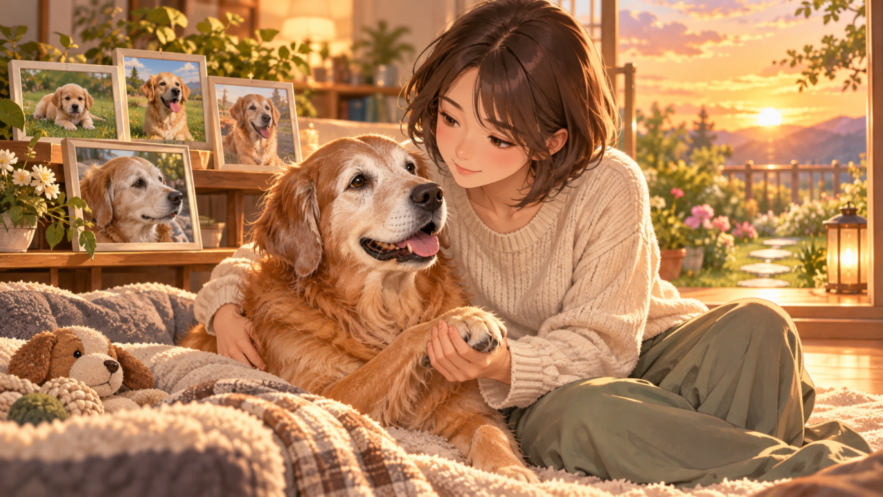 夕暮れの部屋で高齢のゴールデンレトリバーに寄り添う飼い主の女性