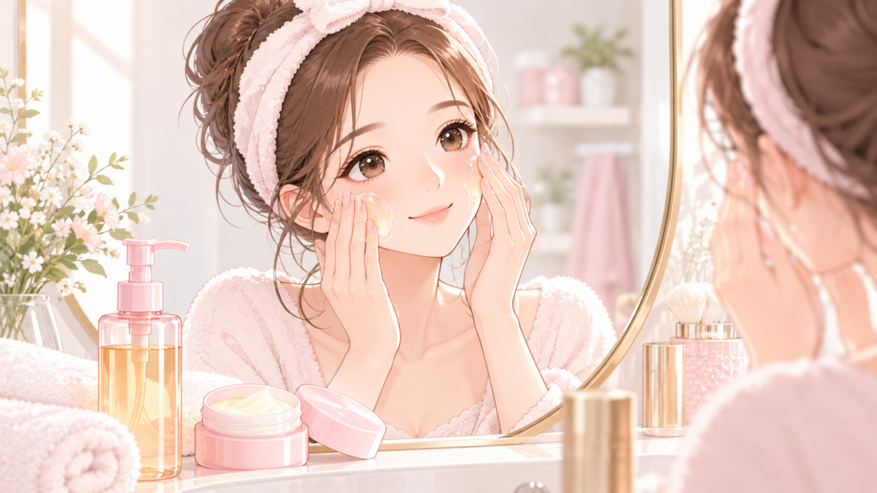 鏡の前でクレンジング剤を頬になじませる女性のイラスト
