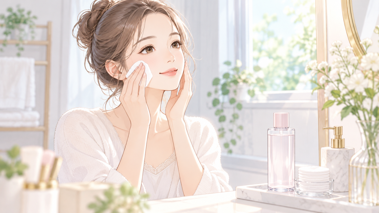 コットンで頬に化粧水をなじませる女性のイラスト