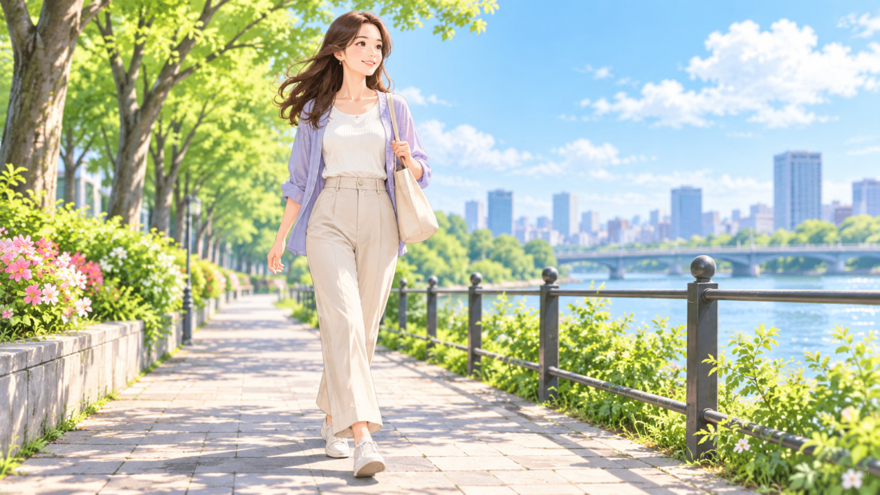 ダイエット初心者が川沿いをウォーキングする様子