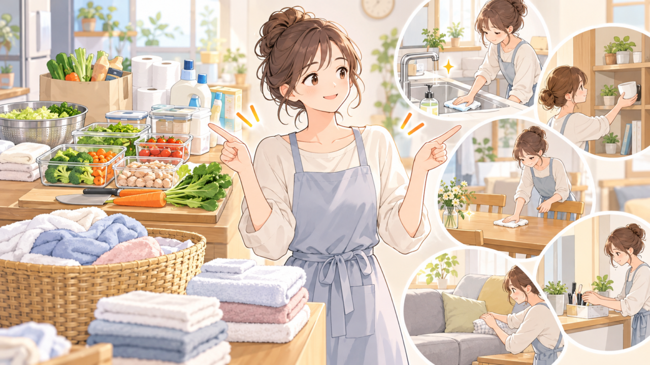 家事を効率化するために掃除や洗濯などの作業を整理する女性のイラスト