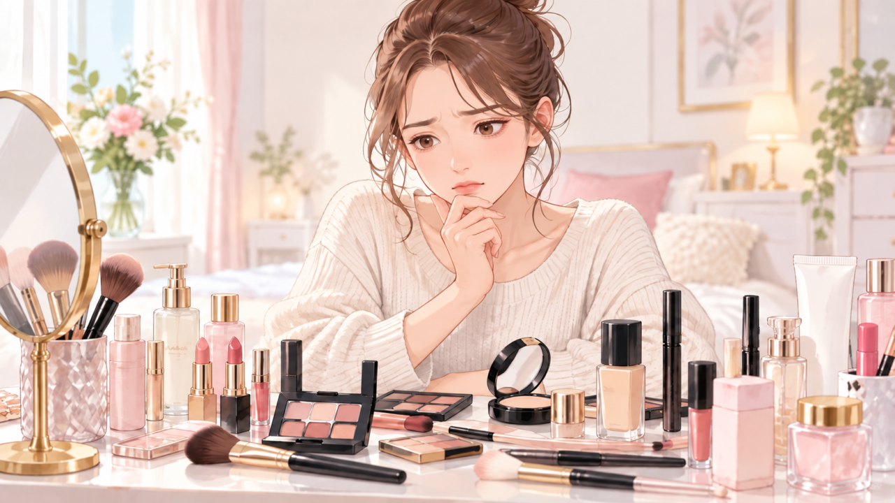 メイク用品を前に何を使えばよいか悩んでいる女性