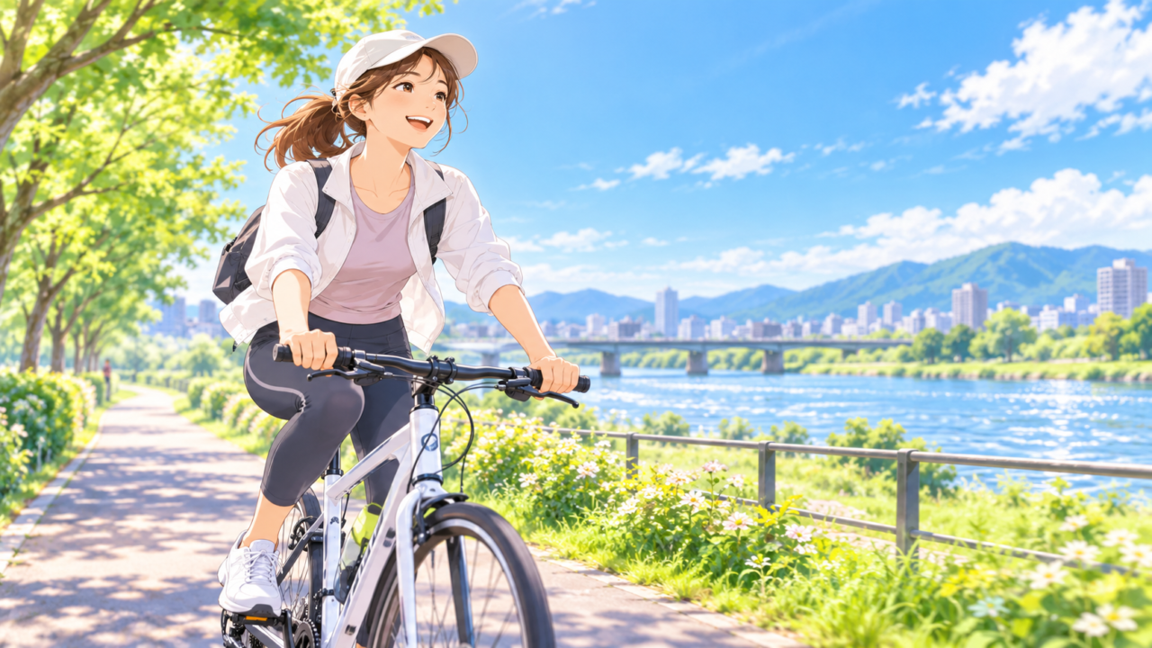 ダイエットの有酸素運動としてサイクリングする女性
