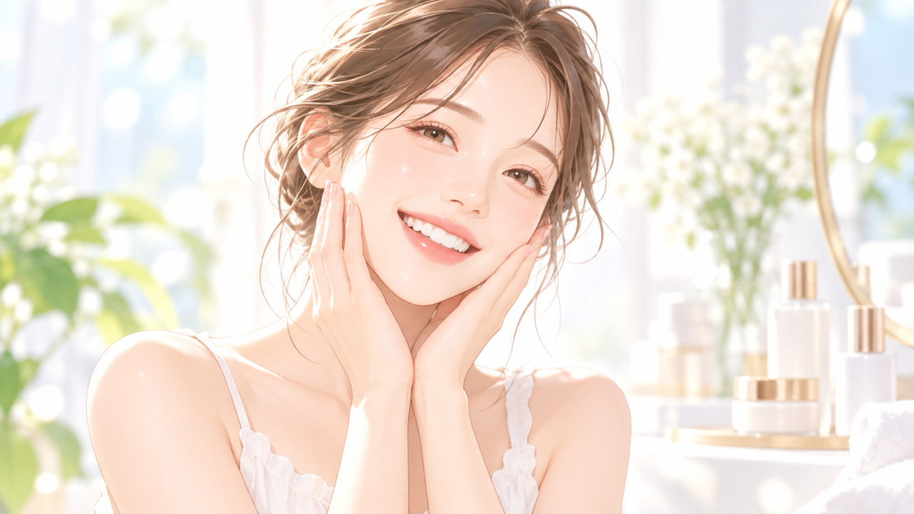 スキンケアでうるおいのある肌を目指し、満面の笑顔で頬に触れる女性のイラスト