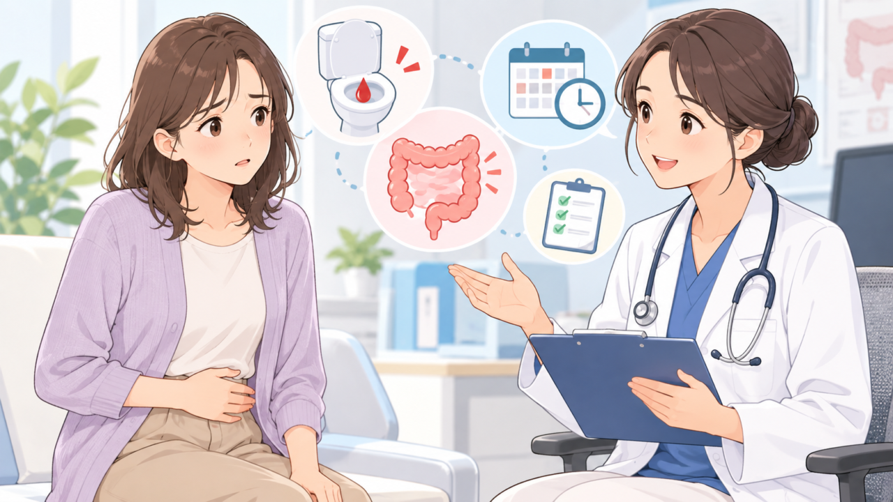 血便や便通の変化について医師に相談し、受診の目安を確認する女性のイラスト