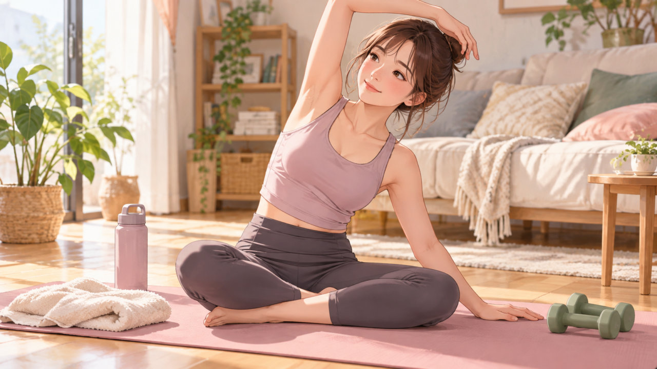 自宅で無理なくストレッチをする女性