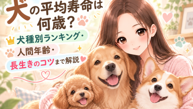 犬の平均寿命や犬種別ランキングを紹介する、櫻根あゆと3匹の犬のイラスト